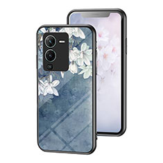 Custodia Silicone Gel Laterale Fiori Specchio Cover per Vivo V25 Pro 5G Blu