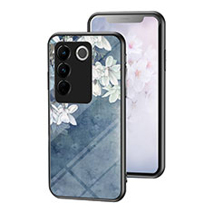 Custodia Silicone Gel Laterale Fiori Specchio Cover per Vivo V27 Pro 5G Blu