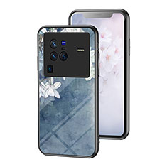 Custodia Silicone Gel Laterale Fiori Specchio Cover per Vivo X80 Pro 5G Blu