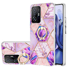 Custodia Silicone Gel Morbida Fantasia Modello Cover con Anello Supporto Y01B per Xiaomi Mi 11T 5G Lavanda