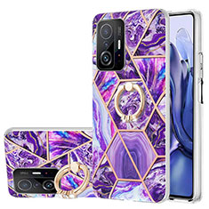 Custodia Silicone Gel Morbida Fantasia Modello Cover con Anello Supporto Y01B per Xiaomi Mi 11T 5G Viola