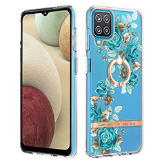 Custodia Silicone Gel Morbida Fantasia Modello Cover con Anello Supporto Y06B per Samsung Galaxy A12 5G Ciano
