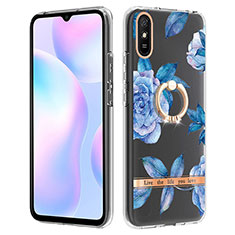 Custodia Silicone Gel Morbida Fantasia Modello Cover con Anello Supporto Y06B per Xiaomi Redmi 9AT Blu