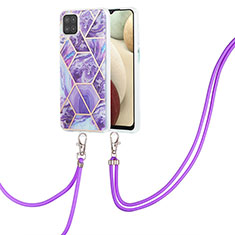 Custodia Silicone Gel Morbida Fantasia Modello Cover con Cinghia Cordino Mano Y01B per Samsung Galaxy A12 5G Viola