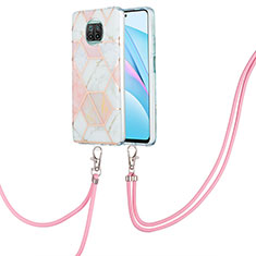 Custodia Silicone Gel Morbida Fantasia Modello Cover con Cinghia Cordino Mano Y01B per Xiaomi Mi 10i 5G Rosa