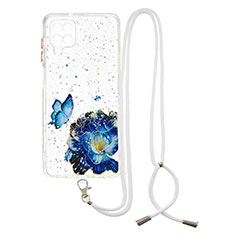 Custodia Silicone Gel Morbida Fantasia Modello Cover con Cinghia Cordino Mano Y01X per Samsung Galaxy M12 Blu