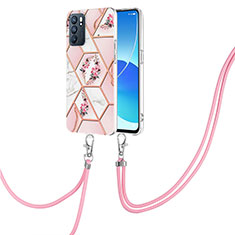 Custodia Silicone Gel Morbida Fantasia Modello Cover con Cinghia Cordino Mano Y02B per Oppo Reno6 5G Rosa