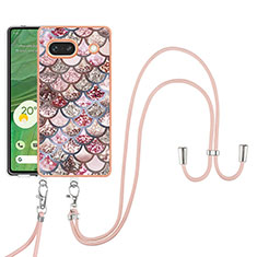 Custodia Silicone Gel Morbida Fantasia Modello Cover con Cinghia Cordino Mano Y03B per Google Pixel 7a 5G Marrone