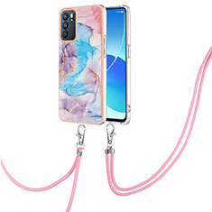 Custodia Silicone Gel Morbida Fantasia Modello Cover con Cinghia Cordino Mano Y03B per Oppo Reno6 5G Blu