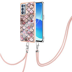 Custodia Silicone Gel Morbida Fantasia Modello Cover con Cinghia Cordino Mano Y03B per Oppo Reno6 Pro 5G Marrone