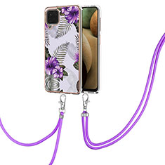 Custodia Silicone Gel Morbida Fantasia Modello Cover con Cinghia Cordino Mano Y03B per Samsung Galaxy A12 Nacho Viola