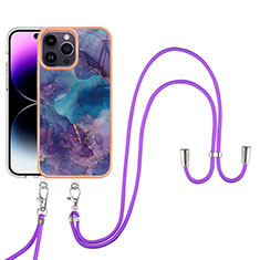 Custodia Silicone Gel Morbida Fantasia Modello Cover con Cinghia Cordino Mano Y07B per Apple iPhone 14 Pro Max Viola