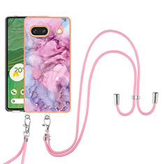 Custodia Silicone Gel Morbida Fantasia Modello Cover con Cinghia Cordino Mano Y07B per Google Pixel 7a 5G Lavanda