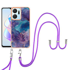 Custodia Silicone Gel Morbida Fantasia Modello Cover con Cinghia Cordino Mano Y07B per Huawei Honor X7a Viola