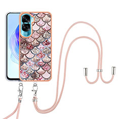 Custodia Silicone Gel Morbida Fantasia Modello Cover con Cinghia Cordino Mano YB3 per Huawei Honor 90 Lite 5G Marrone