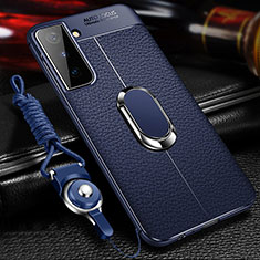 Custodia Silicone Morbida In Pelle Cover con Magnetico Anello Supporto per Samsung Galaxy S21 Plus 5G Blu