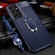 Custodia Silicone Morbida In Pelle Cover con Magnetico Anello Supporto per Samsung Galaxy S21 Ultra 5G Blu