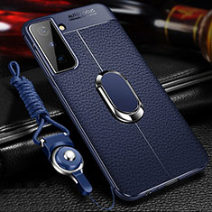 Custodia Silicone Morbida In Pelle Cover con Magnetico Anello Supporto per Samsung Galaxy S22 5G Blu