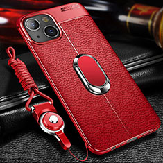 Custodia Silicone Morbida In Pelle Cover con Magnetico Anello Supporto S02 per Apple iPhone 14 Rosso