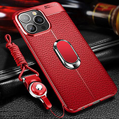 Custodia Silicone Morbida In Pelle Cover con Magnetico Anello Supporto S02 per Apple iPhone 15 Pro Rosso