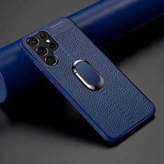 Custodia Silicone Morbida In Pelle Cover con Magnetico Anello Supporto S02 per Samsung Galaxy S21 Ultra 5G Blu