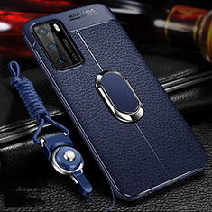 Custodia Silicone Morbida In Pelle Cover con Magnetico Anello Supporto T01 per Huawei P40 Blu