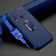 Custodia Silicone Morbida In Pelle Cover con Magnetico Anello Supporto T01 per Vivo Y50 Blu
