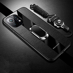 Custodia Silicone Morbida In Pelle Cover con Magnetico Anello Supporto T02 per Xiaomi Mi 11 5G Nero