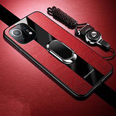 Custodia Silicone Morbida In Pelle Cover con Magnetico Anello Supporto T02 per Xiaomi Mi 11 5G Rosso