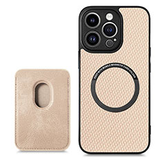 Custodia Silicone Morbida In Pelle Cover con Magnetico S08D per Apple iPhone 15 Pro Max Oro