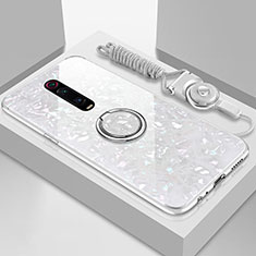 Custodia Silicone Specchio Laterale Cover con Magnetico Anello Supporto T02 per Xiaomi Mi 9T Pro Bianco