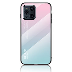 Custodia Silicone Specchio Laterale Sfumato Arcobaleno Cover LS1 per Oppo Find X3 Pro 5G Ciano