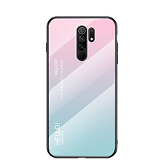 Custodia Silicone Specchio Laterale Sfumato Arcobaleno Cover LS1 per Xiaomi Redmi 9 Ciano