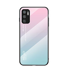 Custodia Silicone Specchio Laterale Sfumato Arcobaleno Cover LS1 per Xiaomi Redmi Note 10T 5G Ciano