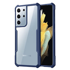 Custodia Silicone Trasparente Specchio Laterale Cover per Samsung Galaxy S21 Ultra 5G Blu