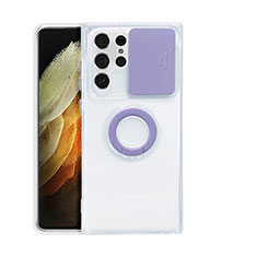 Custodia Silicone Trasparente Ultra Slim Cover Morbida con Anello Supporto S02 per Samsung Galaxy S22 Ultra 5G Viola