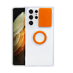 Custodia Silicone Trasparente Ultra Slim Cover Morbida con Anello Supporto S02 per Samsung Galaxy S23 Ultra 5G Arancione