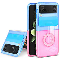 Custodia Silicone Trasparente Ultra Slim Cover Morbida con Anello Supporto S02 per Samsung Galaxy Z Flip3 5G Blu