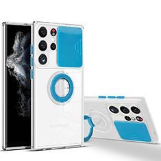 Custodia Silicone Trasparente Ultra Slim Cover Morbida con Anello Supporto S03 per Samsung Galaxy S21 Ultra 5G Blu