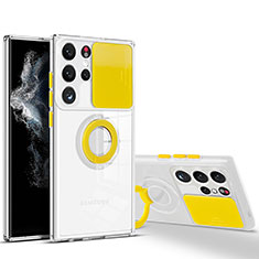 Custodia Silicone Trasparente Ultra Slim Cover Morbida con Anello Supporto S03 per Samsung Galaxy S23 Ultra 5G Giallo