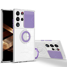 Custodia Silicone Trasparente Ultra Slim Cover Morbida con Anello Supporto S03 per Samsung Galaxy S24 Ultra 5G Viola