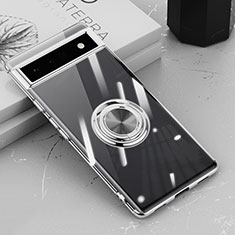 Custodia Silicone Trasparente Ultra Slim Cover Morbida con Magnetico Anello Supporto AN1 per Google Pixel 6a 5G Argento
