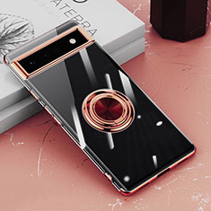 Custodia Silicone Trasparente Ultra Slim Cover Morbida con Magnetico Anello Supporto AN1 per Google Pixel 6a 5G Oro Rosa