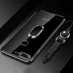 Custodia Silicone Trasparente Ultra Slim Cover Morbida con Magnetico Anello Supporto S01 per Huawei Enjoy 8e Nero
