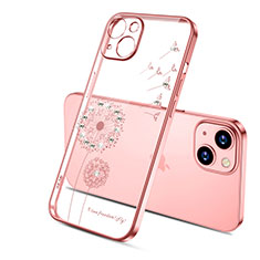 Custodia Silicone Trasparente Ultra Sottile Cover Fiori per Apple iPhone 15 Plus Oro Rosa