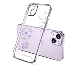 Custodia Silicone Trasparente Ultra Sottile Cover Fiori per Apple iPhone 15 Plus Viola