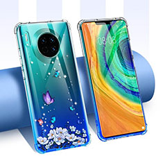 Custodia Silicone Trasparente Ultra Sottile Cover Fiori per Huawei Mate 30 Blu