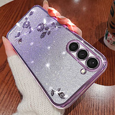 Custodia Silicone Trasparente Ultra Sottile Cover Fiori per Samsung Galaxy S24 5G Viola