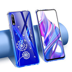 Custodia Silicone Trasparente Ultra Sottile Cover Fiori T01 per Huawei P Smart Z (2019) Blu