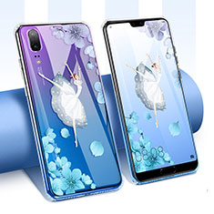 Custodia Silicone Trasparente Ultra Sottile Cover Fiori T01 per Huawei P20 Blu